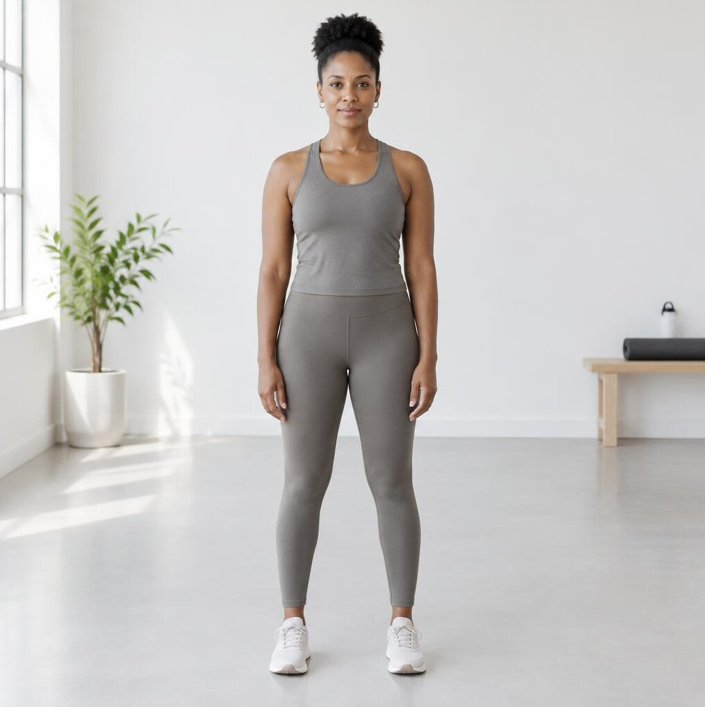 Woman in a balanced standing posture in a bright studio