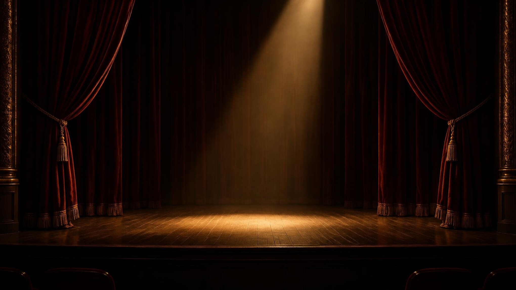Theatre stage with heavy curtains and soft light