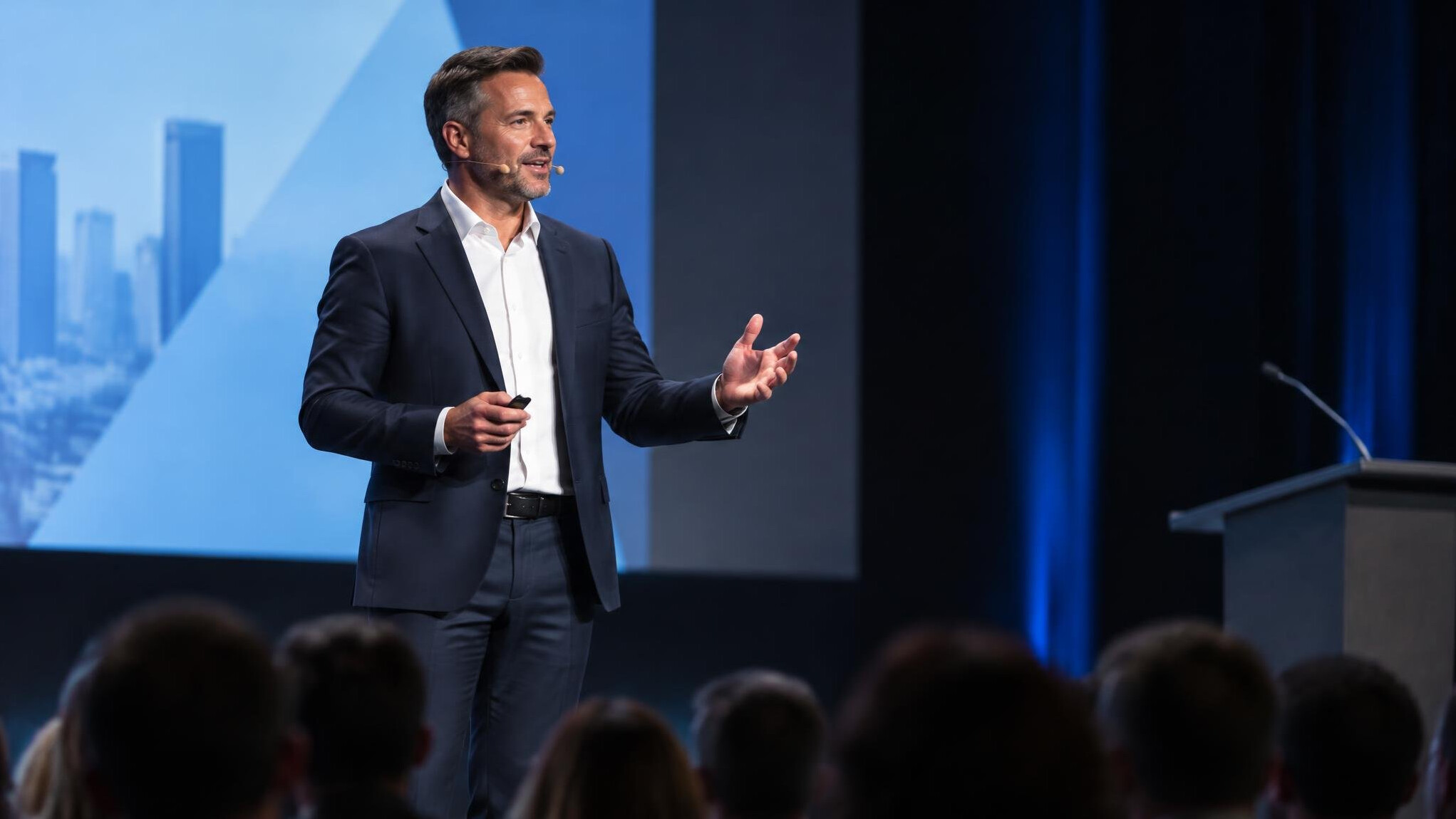 executive speaking on stage