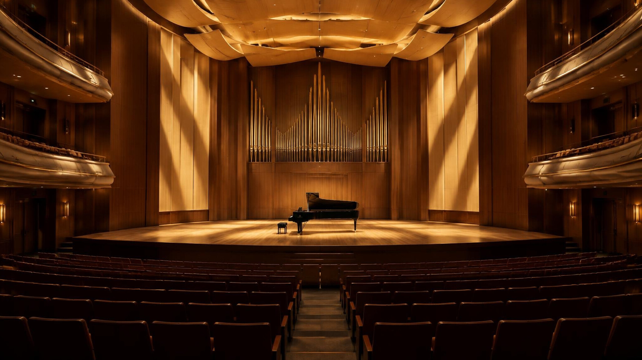 Concert hall stage bathed in warm light