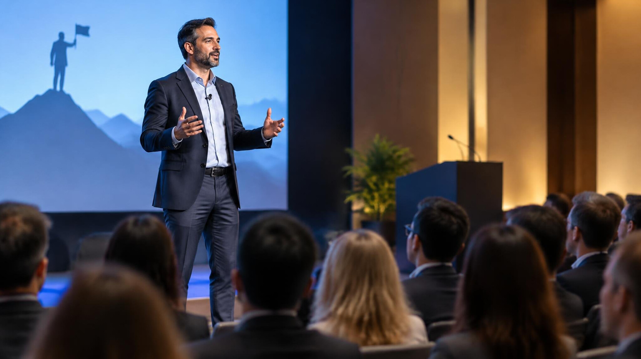executive speaking on stage