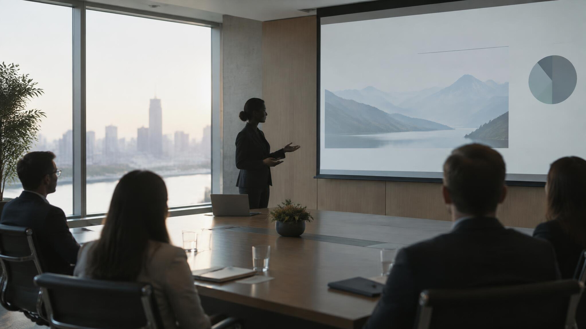 Presentation room with a screen and a speaker silhouette