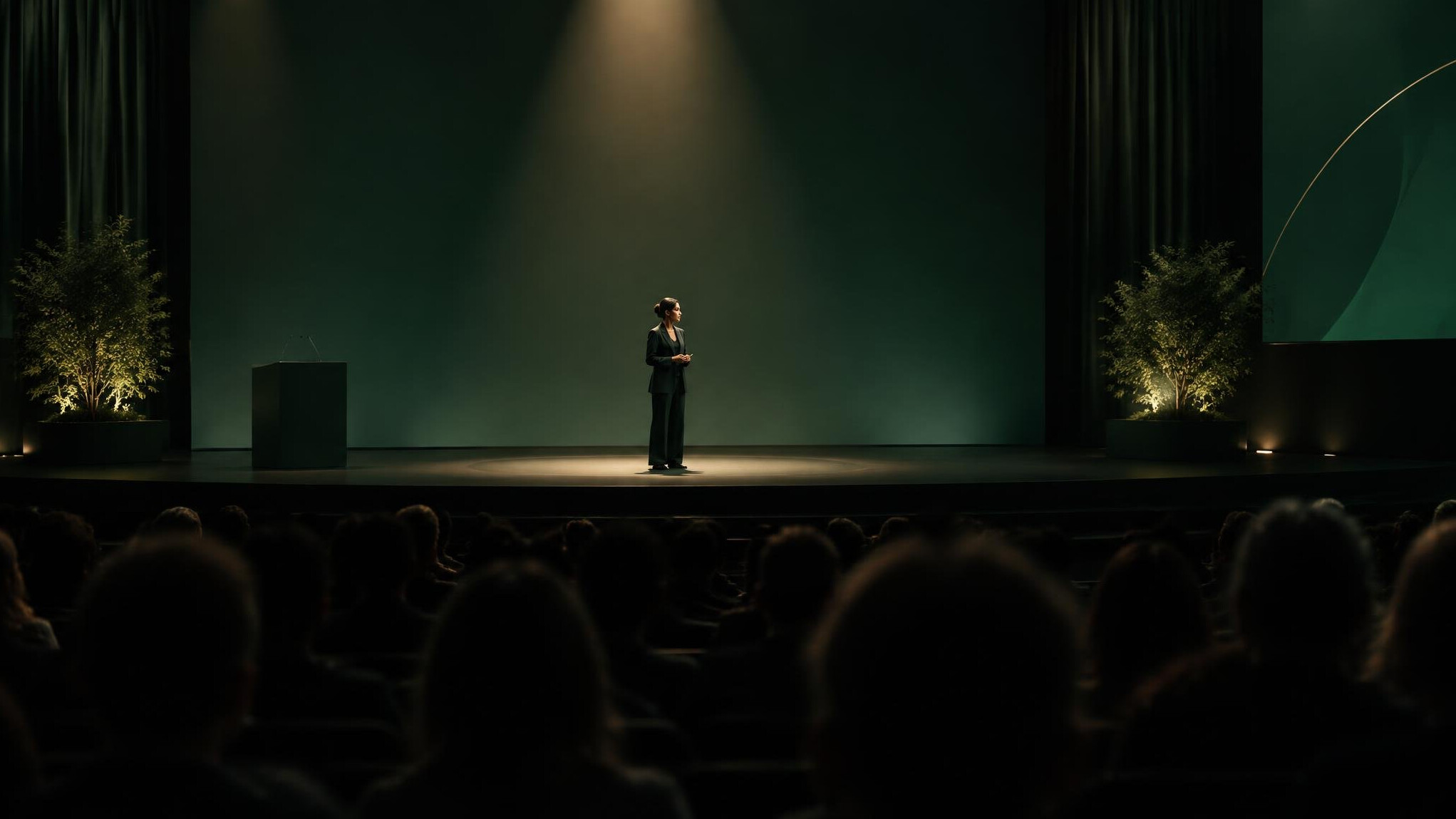 Speaker on a dimly lit conference stage in front of an audience